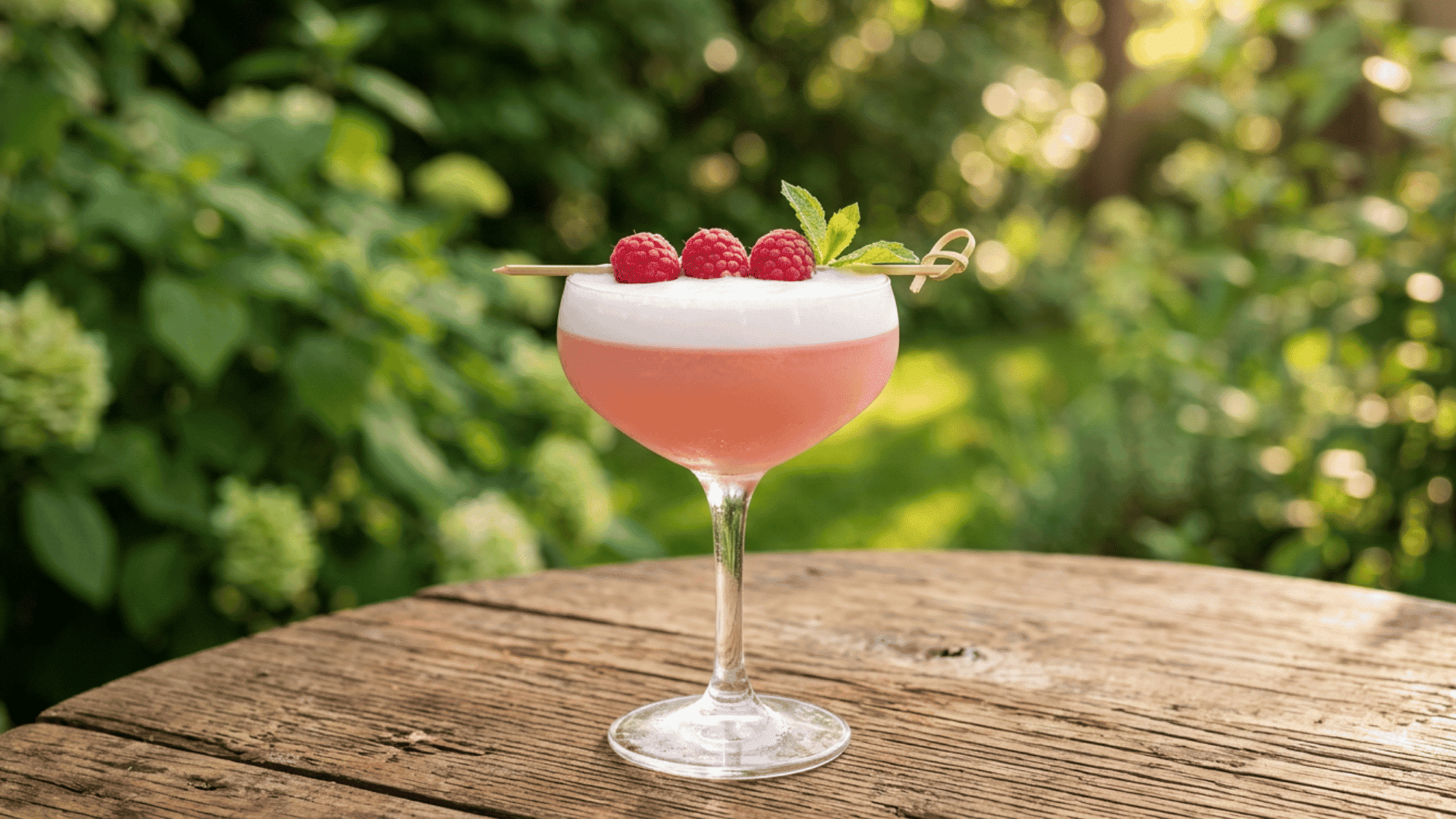 Clover Club with pink foam and raspberry garnish in a coupe glass