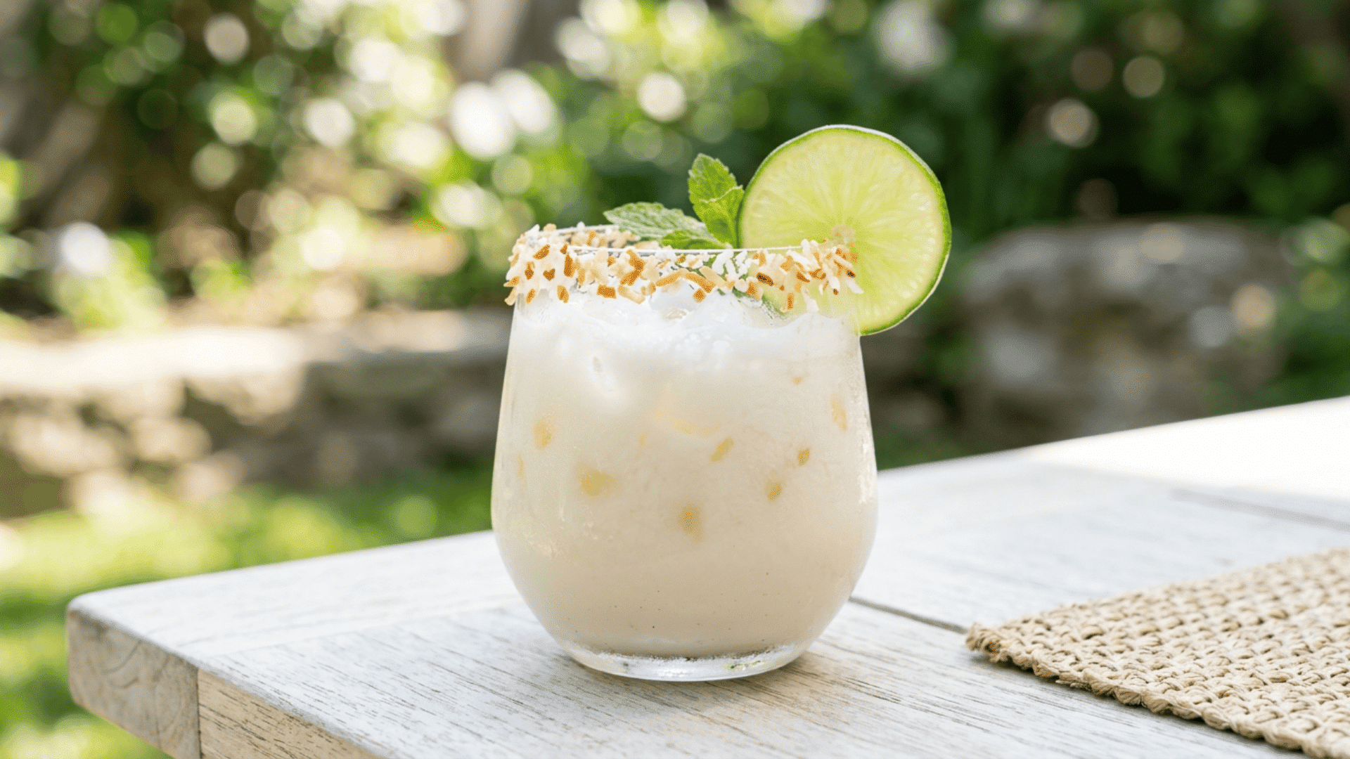 Coconut lime margarita with a toasted coconut rim and lime wheel