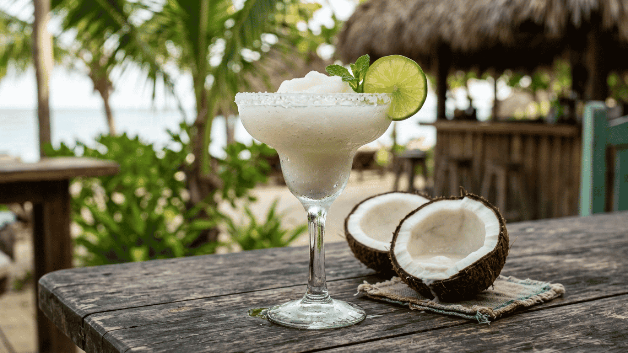 Frozen Coconut Margarita with lime garnish and salted rim beside fresh coconut on a tropical beach table.