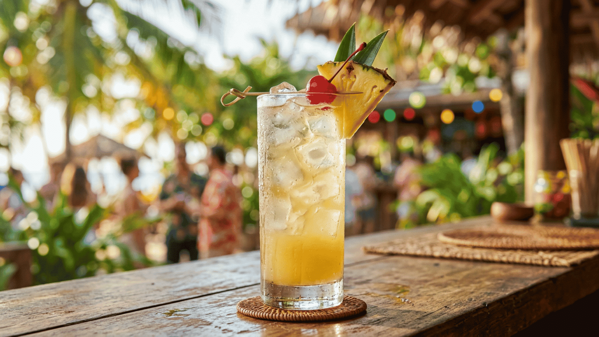 Coconut rum pineapple cocktail with cherry and pineapple garnish