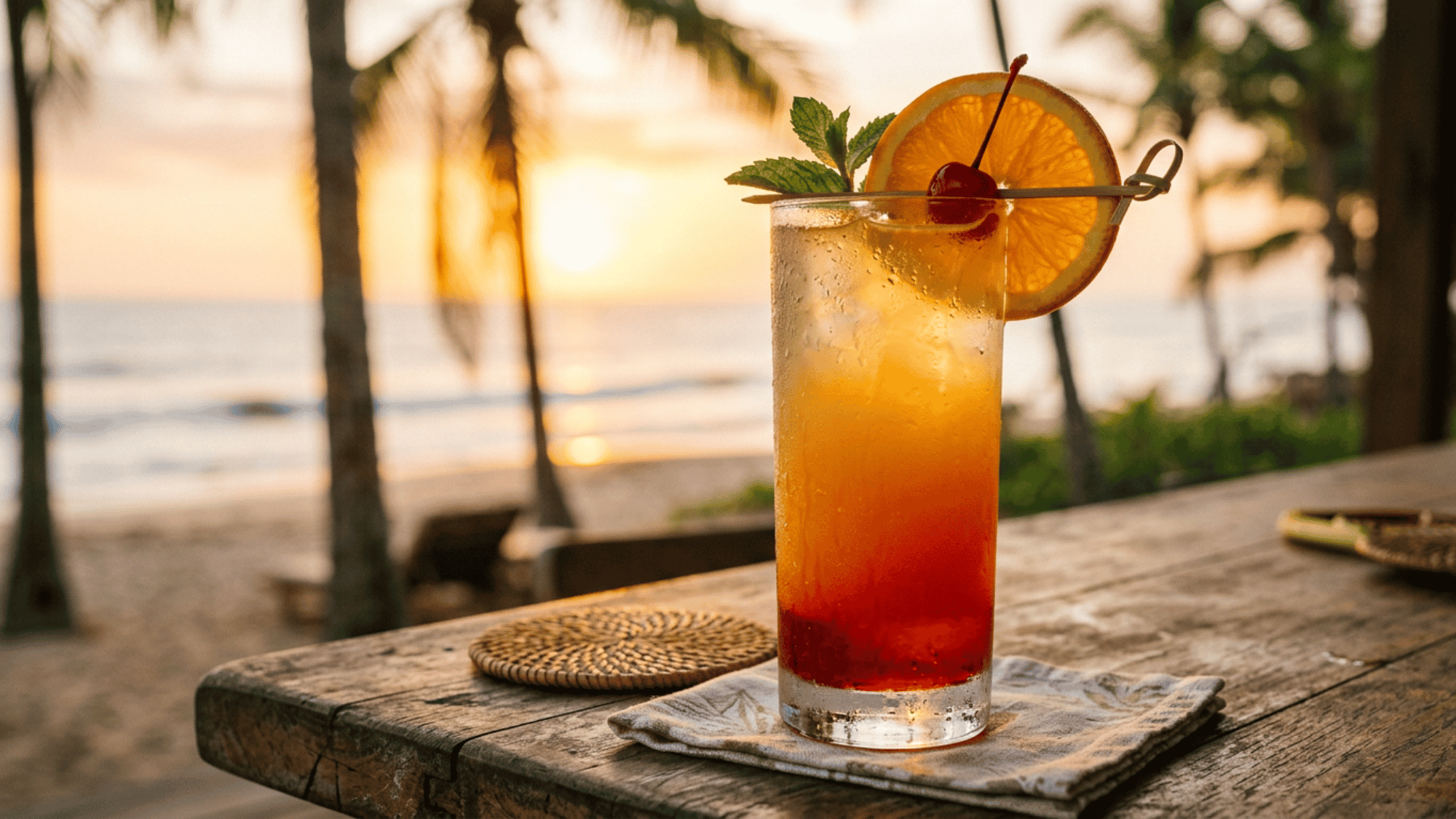 Sunset tropical cocktail with orange, cherry, and mint garnish served on a beachside wooden table.