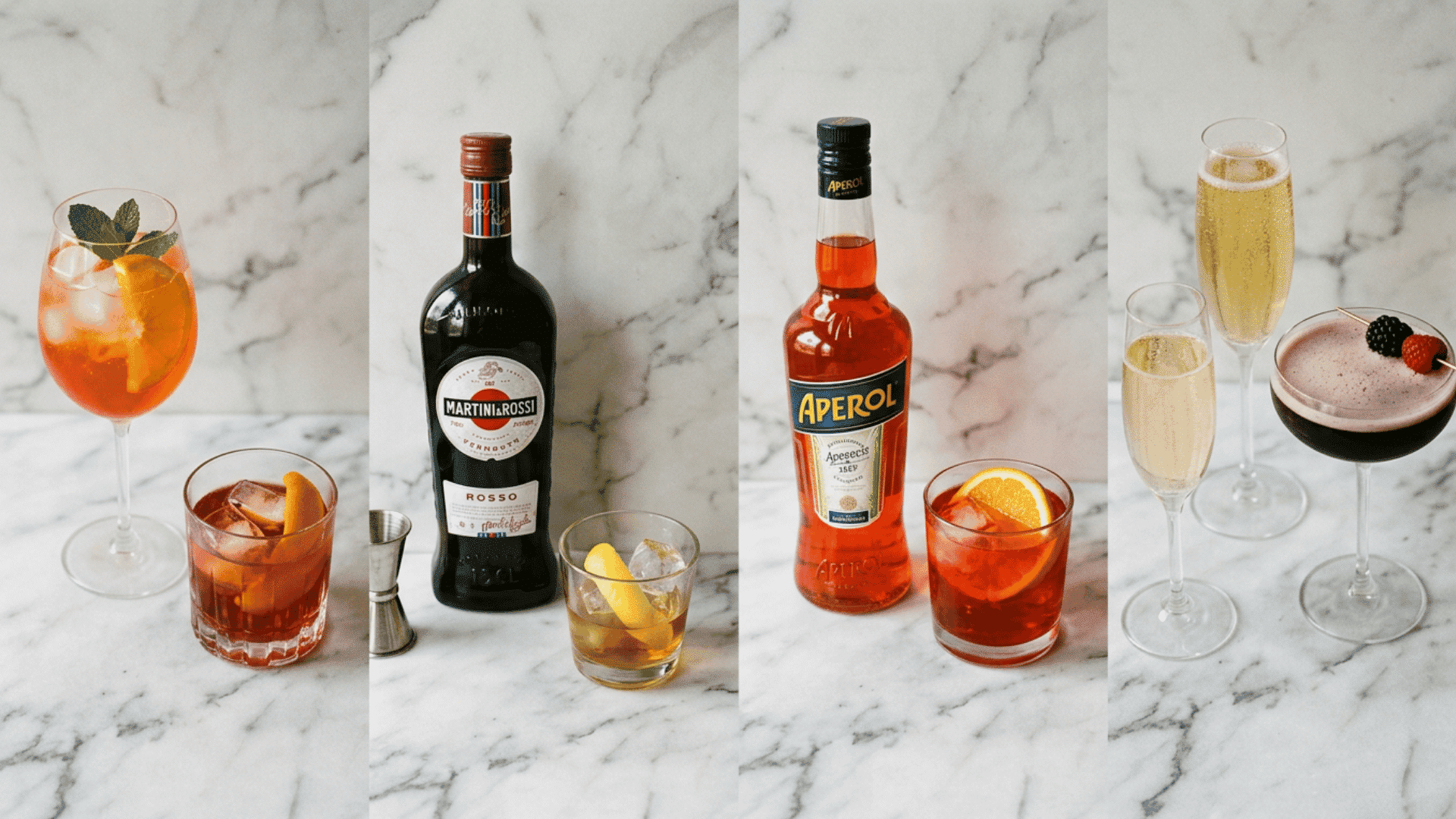 Popular aperitif drinks arranged in four vertical sections flat lay.