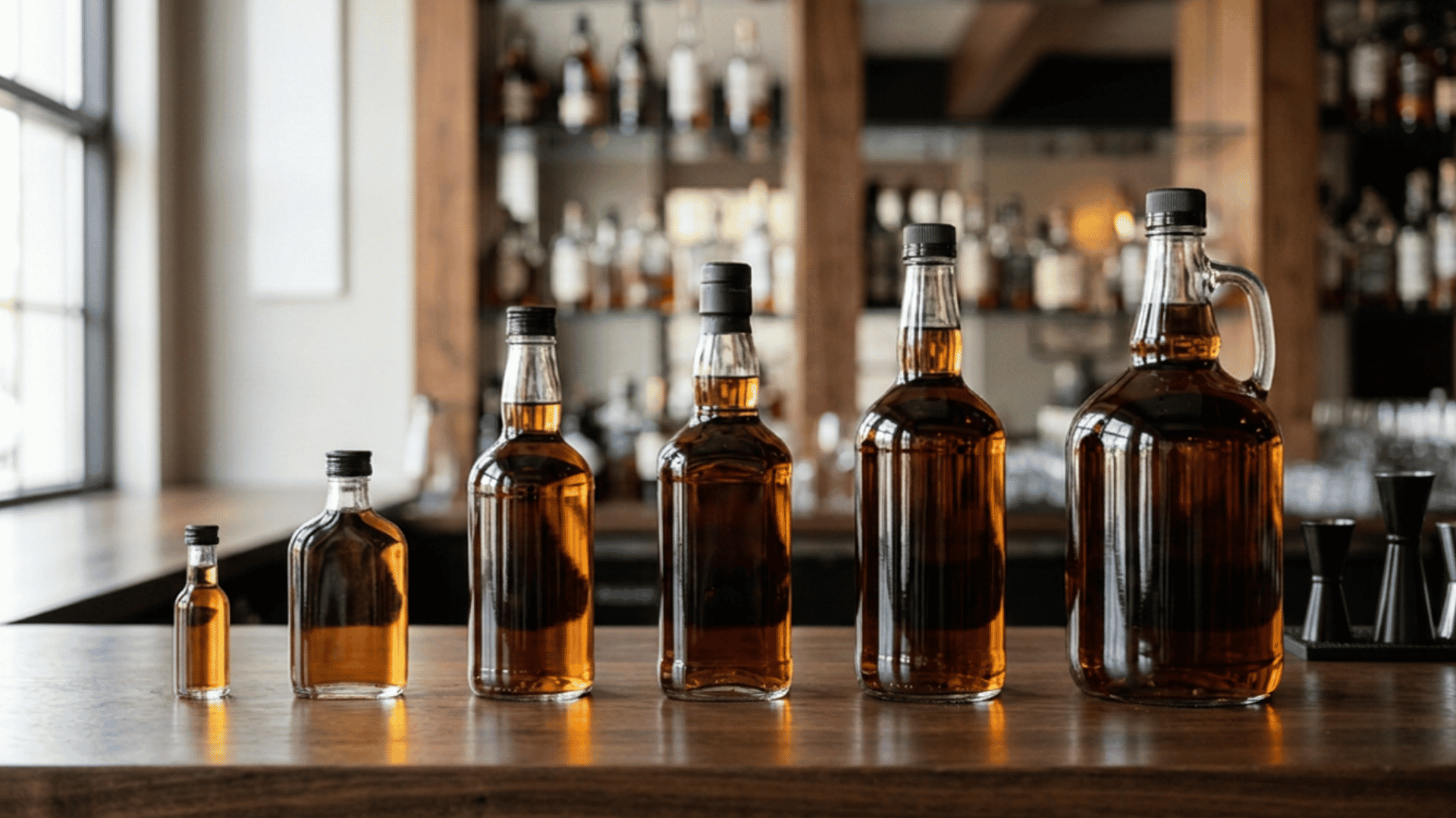 alcohol bottle sizes comparison showing liquor bottles from mini to large handle sizes