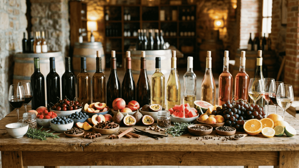 Twelve elegant wine bottles with glasses and fresh fruits on a rustic wooden table