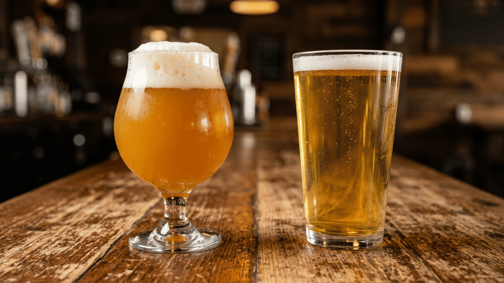 Amber IPA and golden lager on wooden table.