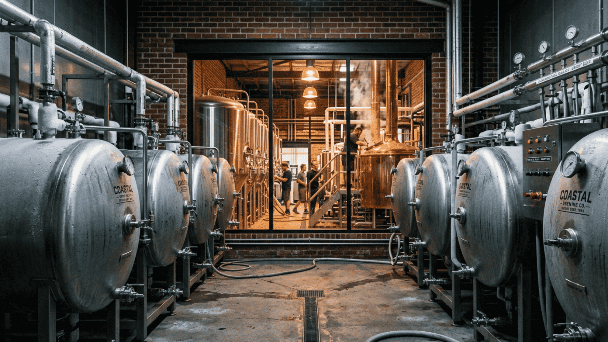 A bearded brewer in a leather apron checks a pressure gauge on a stainless steel conditioning tank inside a dimly lit rustic brick brewery.