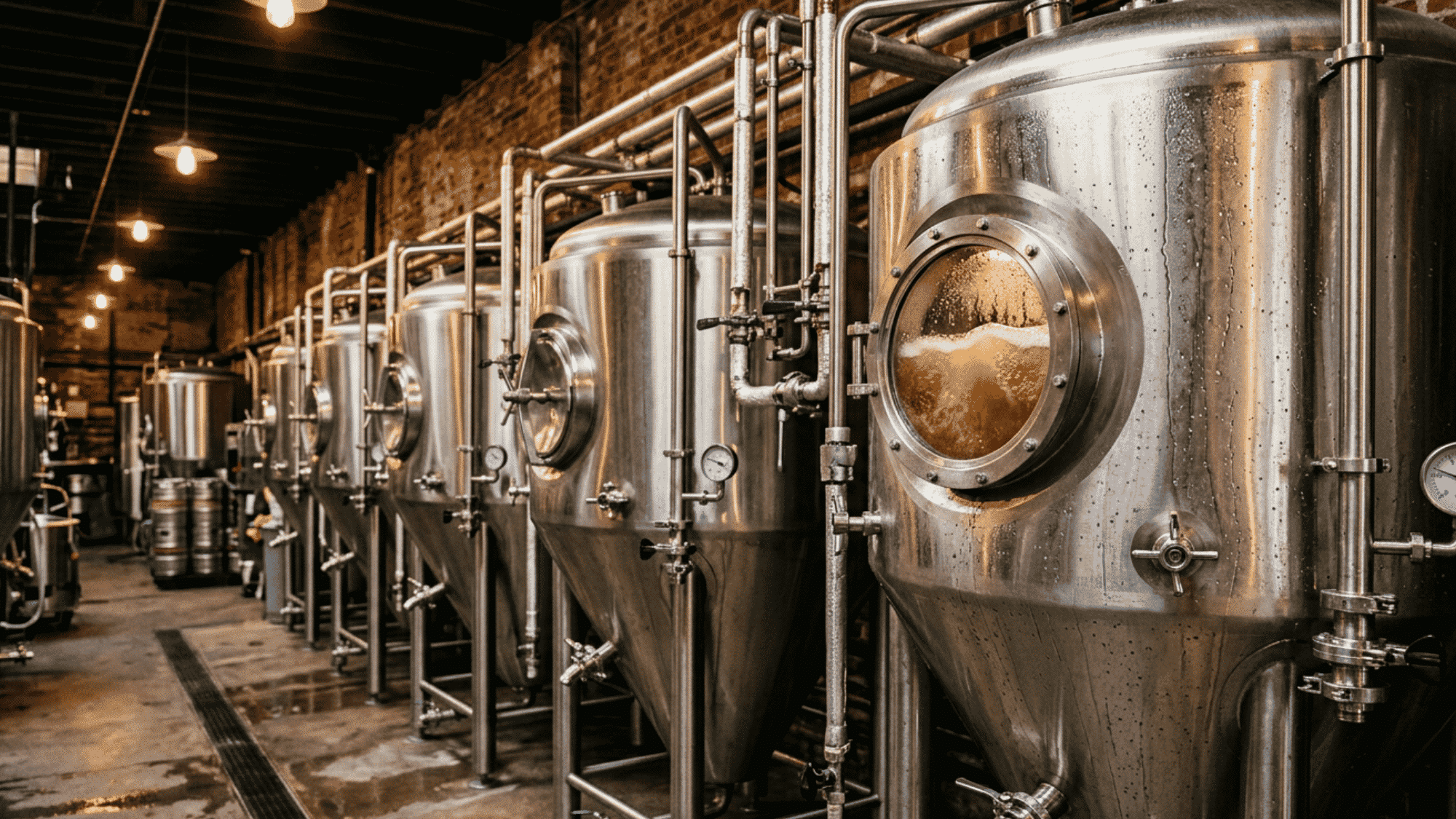 A bearded brewer in a leather apron pours liquid yeast into a fermentation vessel while a thermometer rests on the rim inside a rustic brick brewery.