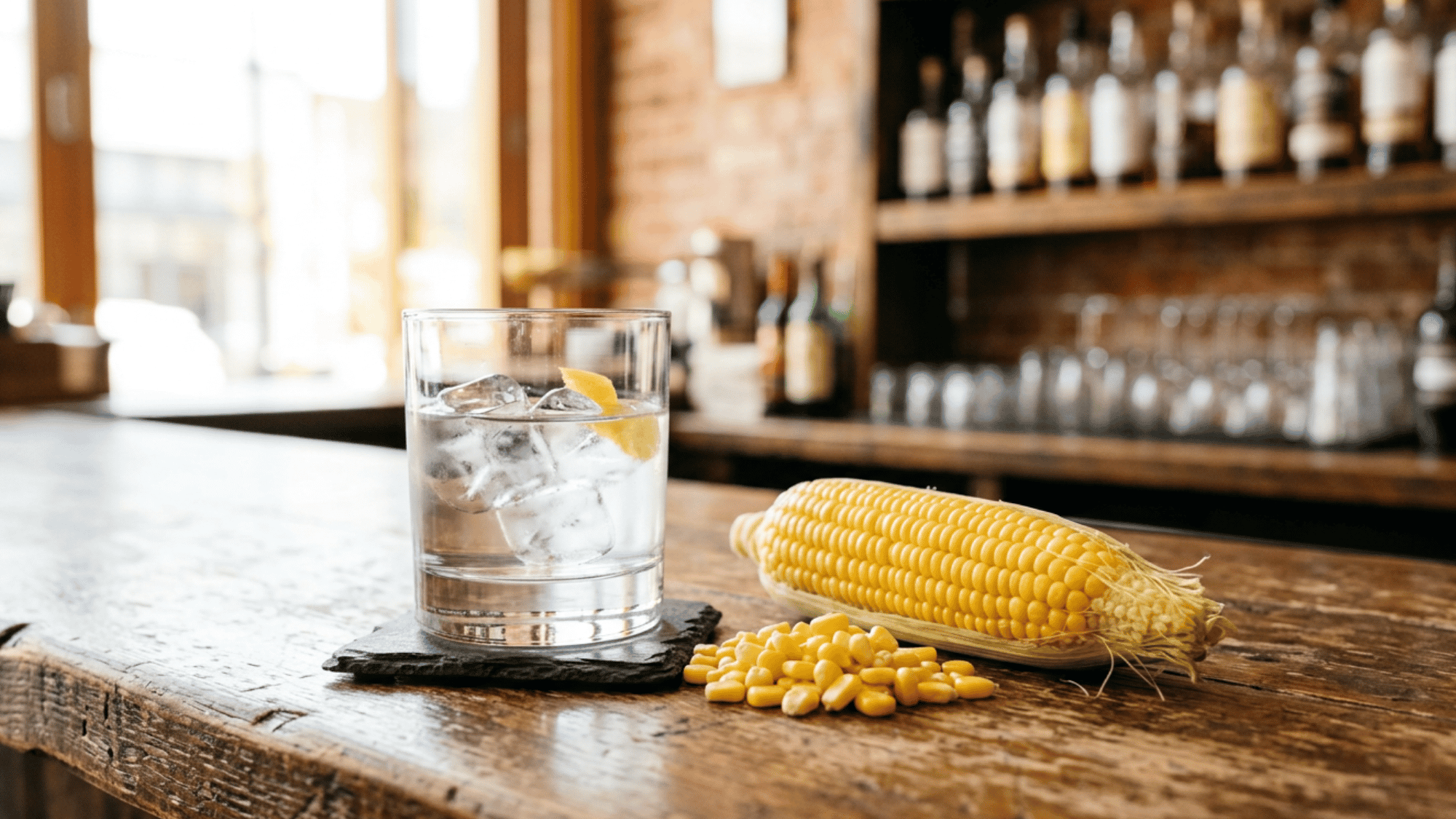 Vodka glass with ice beside corn kernels and a corn cob on a wooden bar