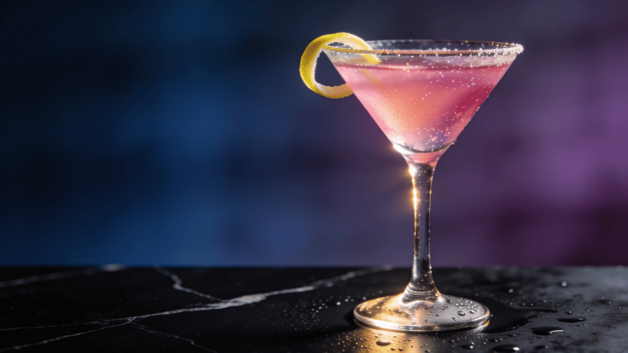 pink cosmopolitan cocktail with lemon twist on a dark bar counter