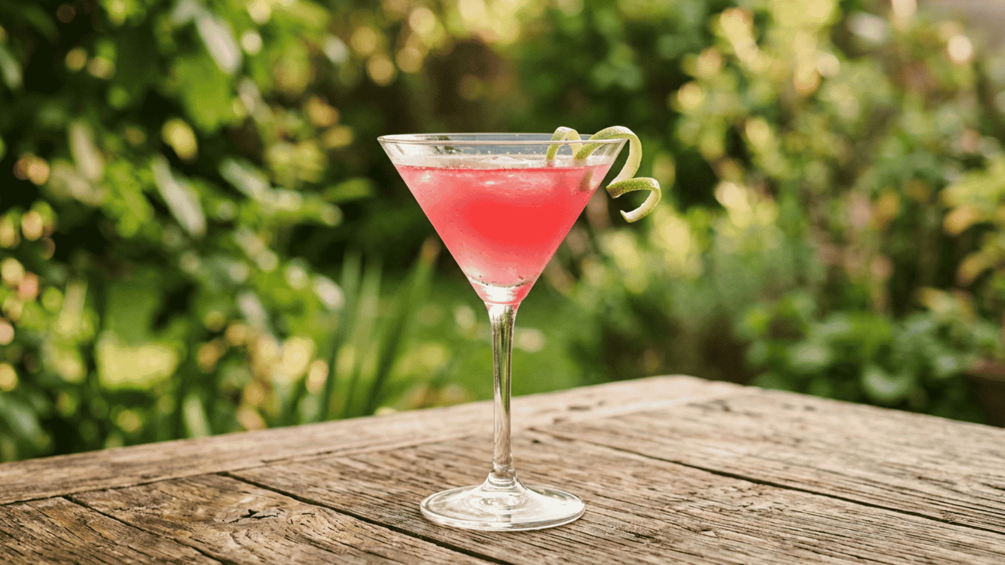 Pink Cosmopolitan with lime twist in a martini glass