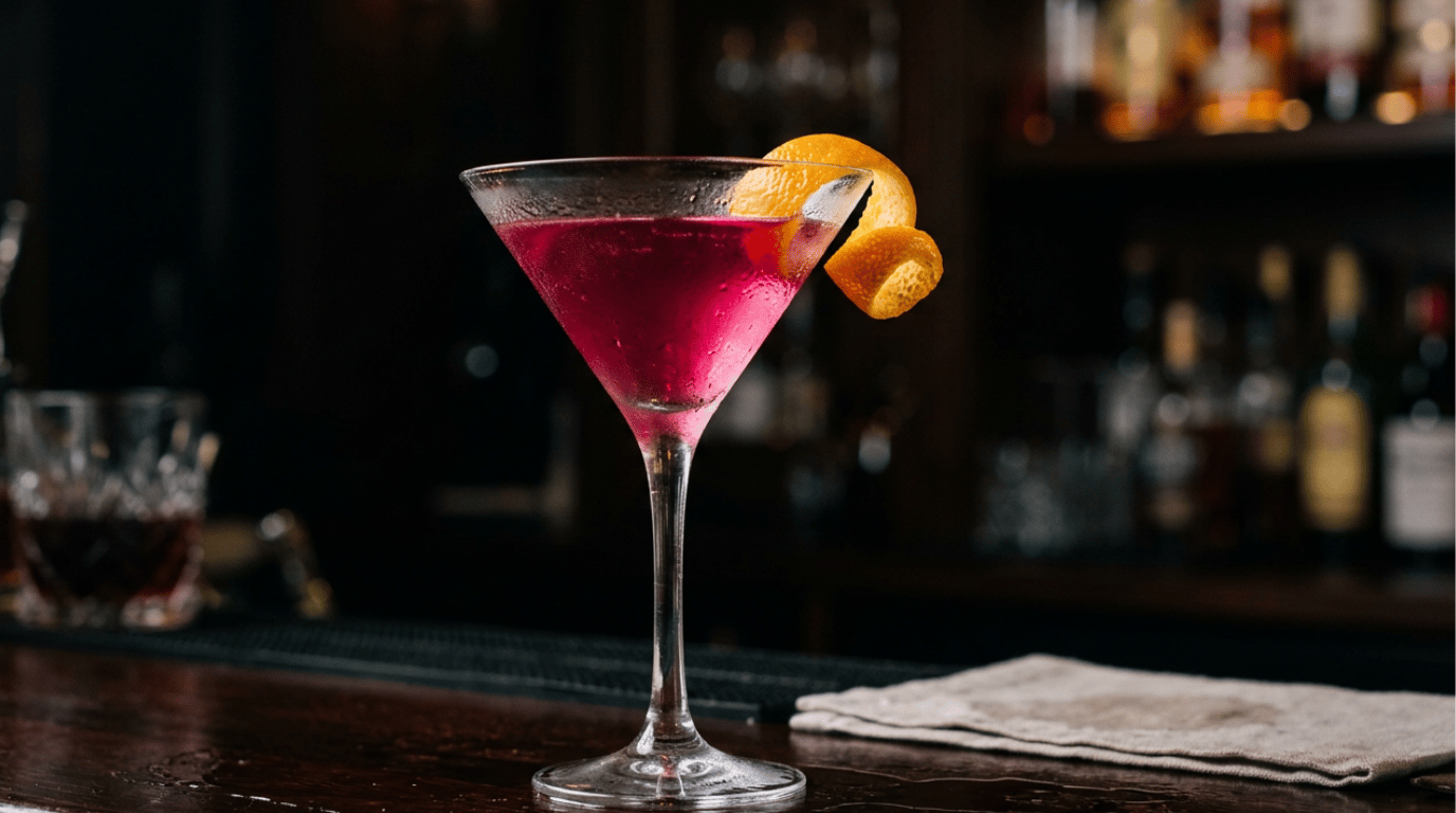 Cosmopolitan cocktail in a martini glass with a twisted orange peel garnish