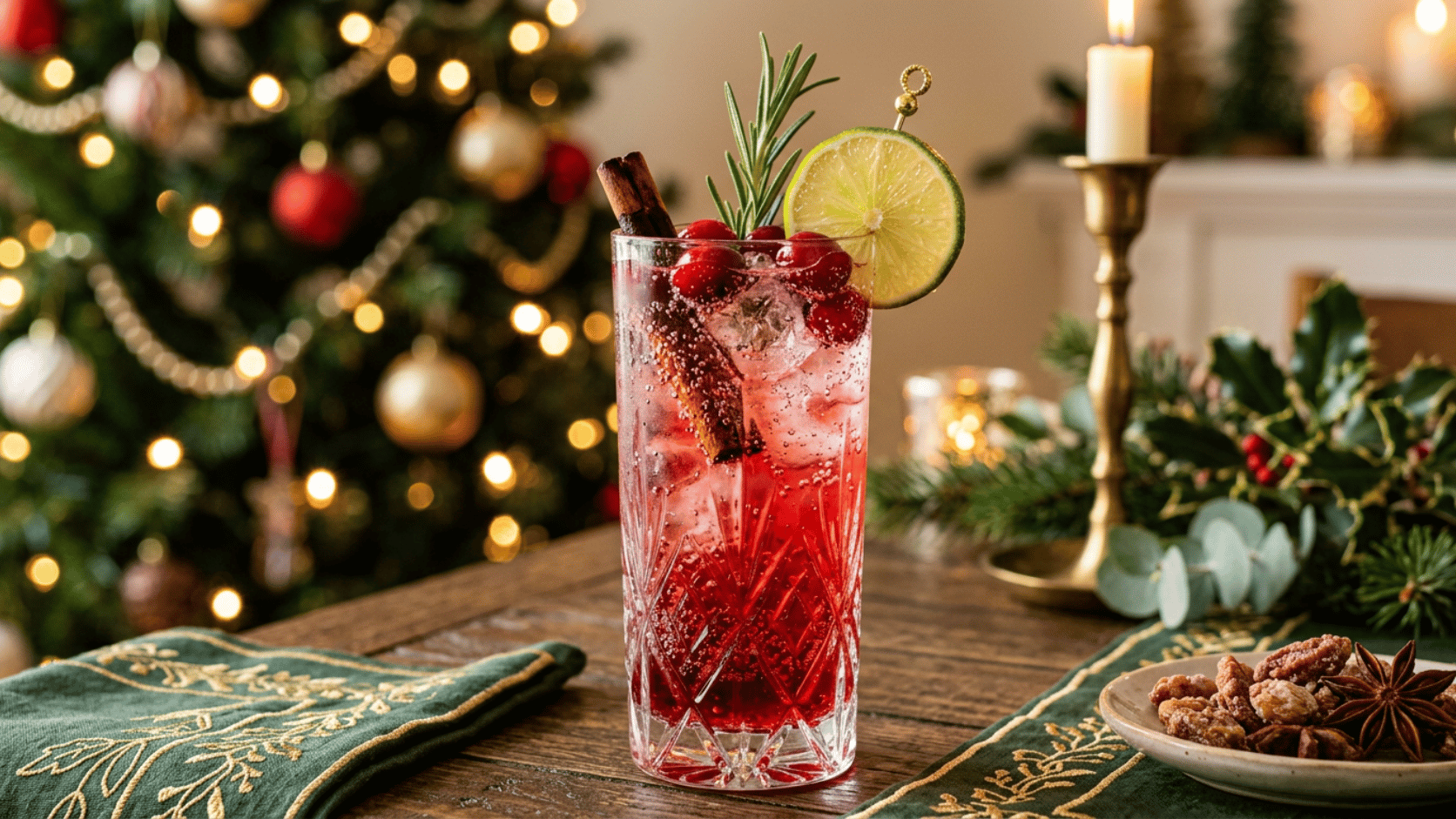 A refreshing Cranberry Apple Mocktail over ice, garnished with fresh cranberries and a lime wheel.