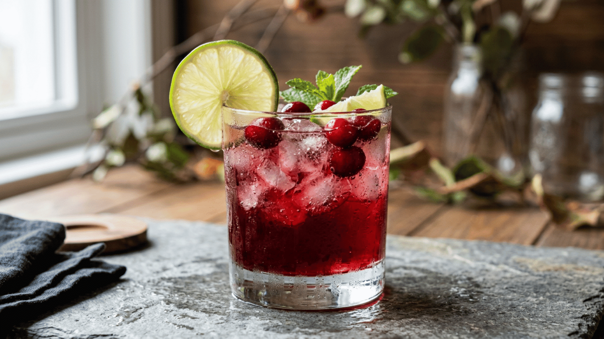 Cranberry lime margarita with deep red color and cranberry garnish
