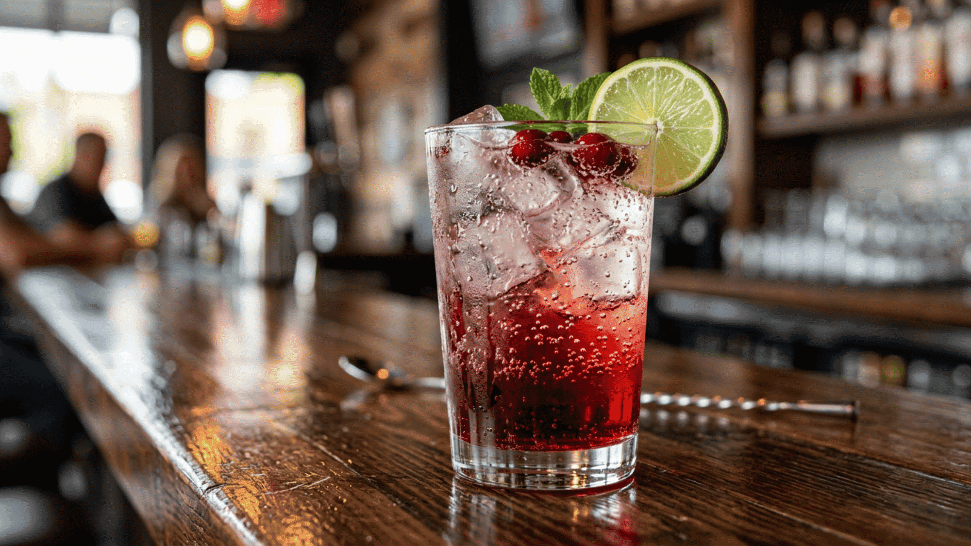 Cranberry lime soda cocktail with lime garnish on a wooden bar counter