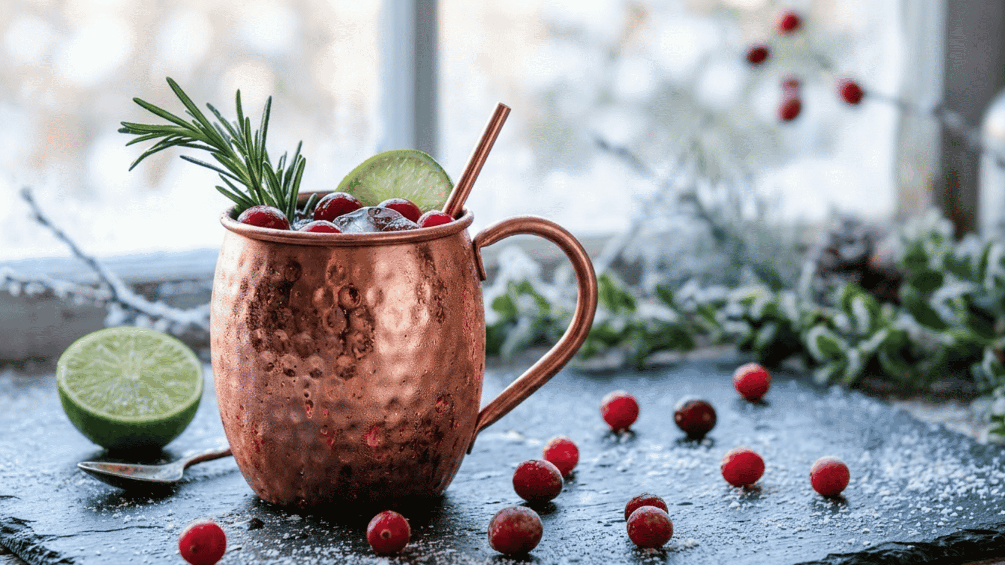 Cranberry Moscow Mule in a copper mug with rosemary near a frosted window.