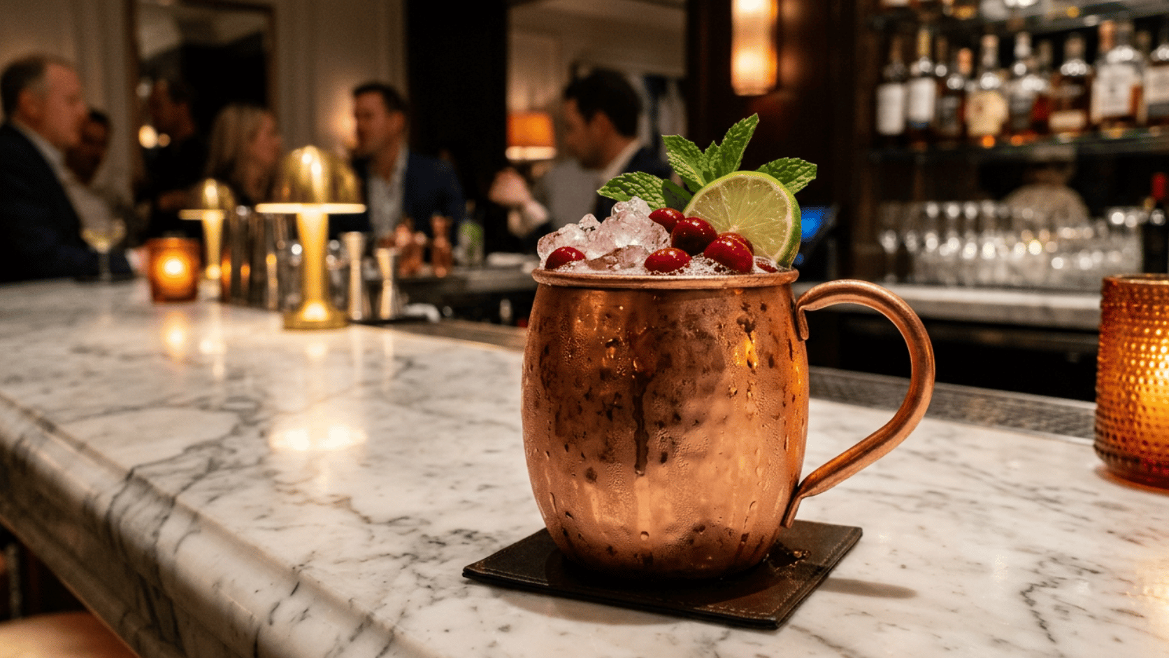 Cranberry Moscow Mule in a copper mug with crushed ice, fresh cranberries, and a lime wedge.