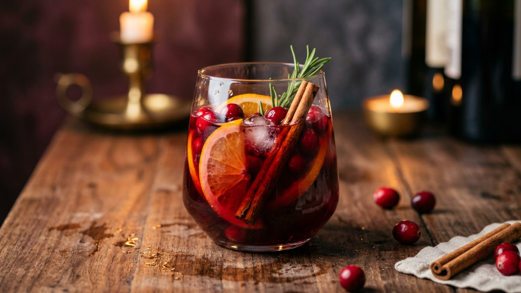 Cranberry sangria chilling in a glass on a table with fresh fruit.