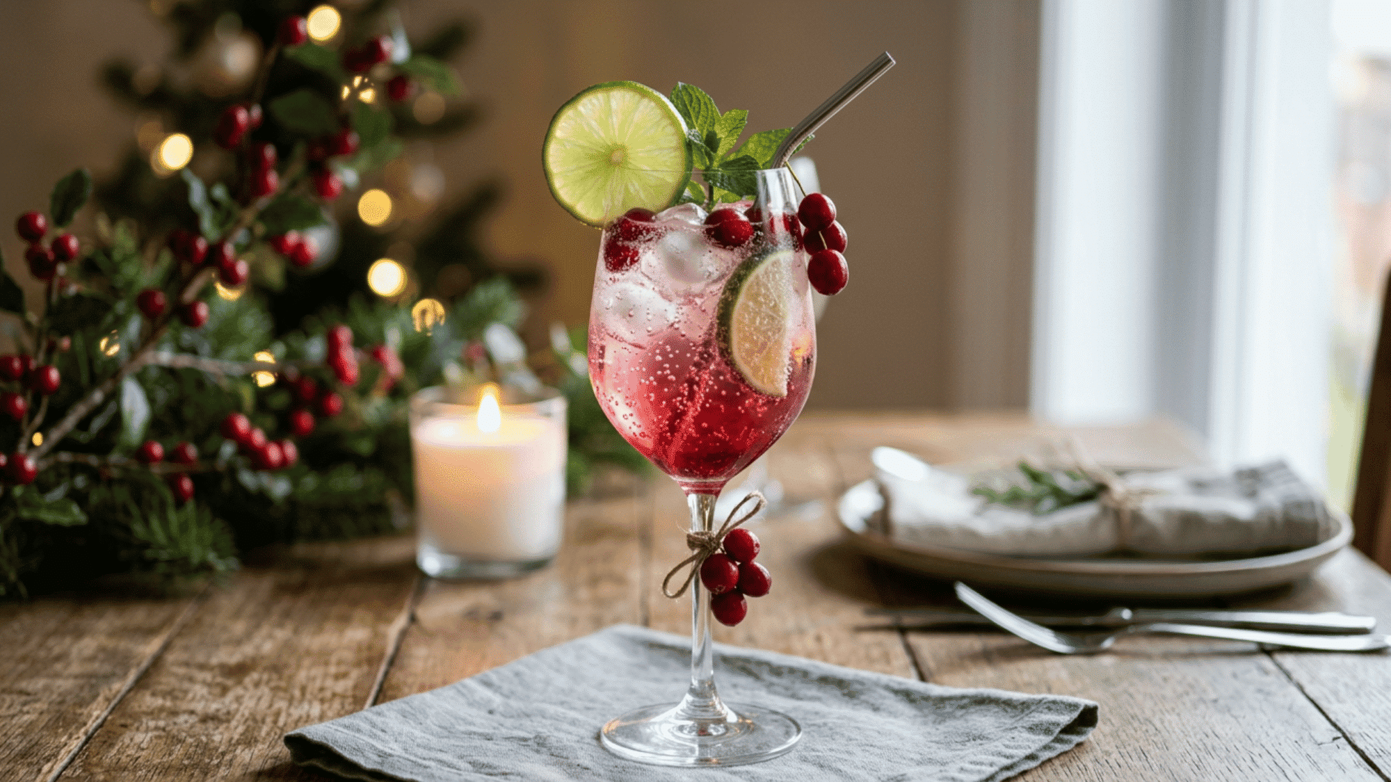 Cranberry vodka spritz with lime, cranberries, mint, and bubbles on a festive table
