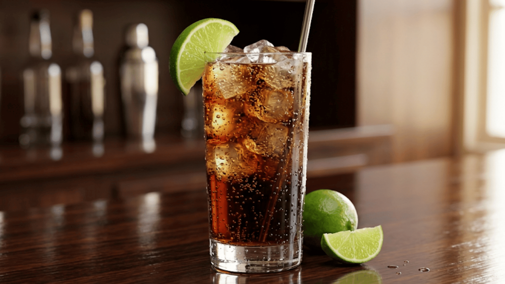 Cuba Libre with rum, cola, ice, and fresh lime wedge in a tall glass.