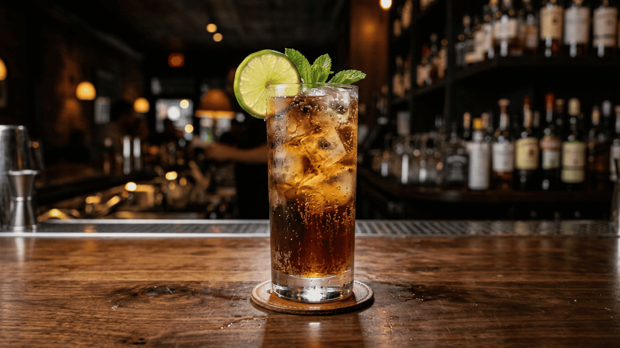 Cuba Libre cocktail with lime and mint on a dim bar counter