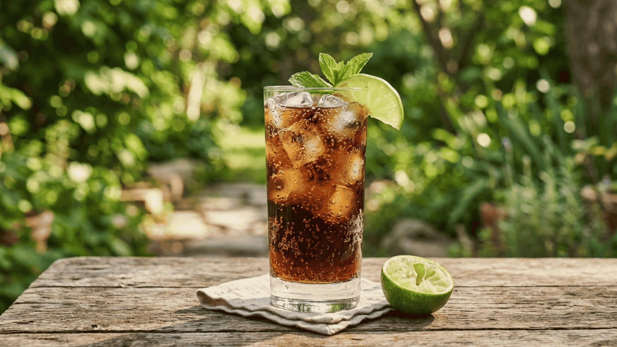 Cuba Libre with cola, lime, ice, and bubbles in a tall glass