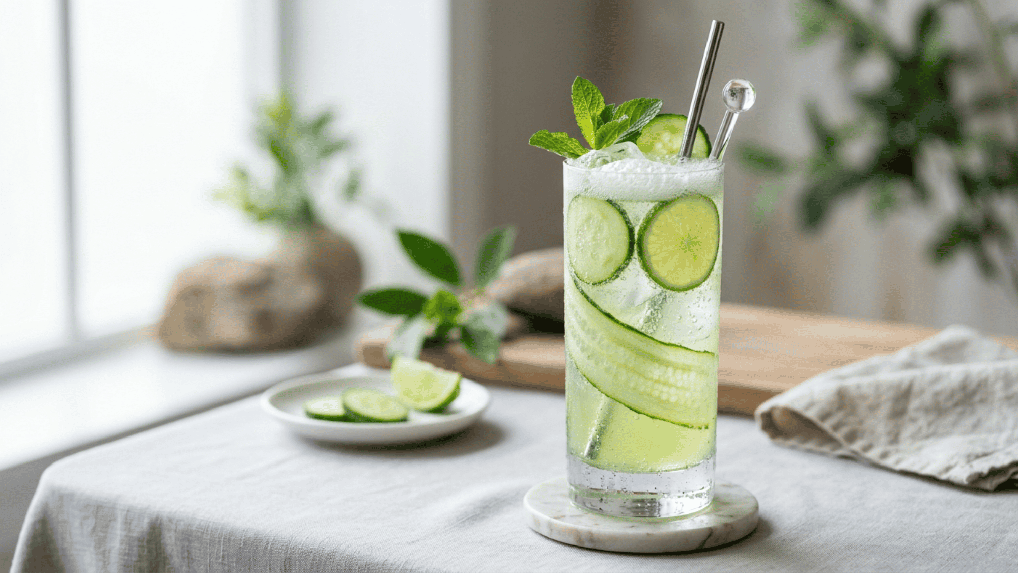 Cucumber gin fizz with cucumber ribbons, lime, mint, and ice in a tall glass