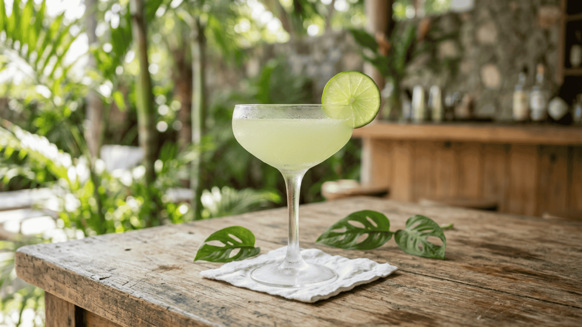 Classic Daiquiri with fresh lime garnish served in a chilled coupe glass on a rustic tropical table.