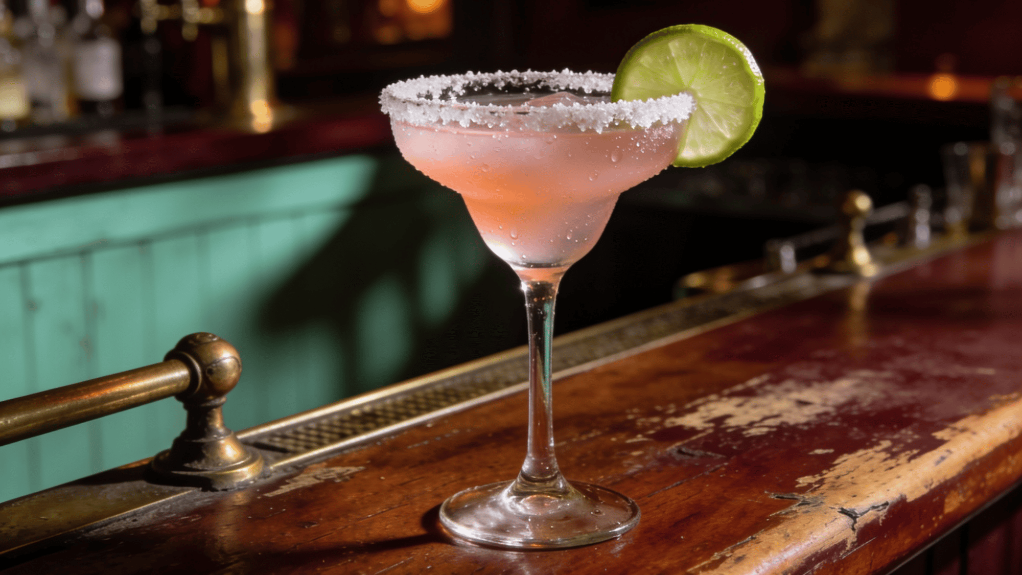 pink daiquiri with salt rim and lime garnish on a polished wooden bar