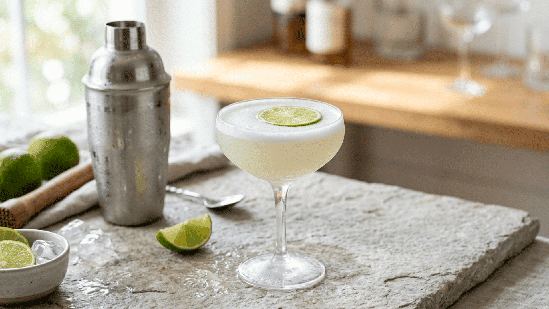 Daiquiri cocktail with lime garnish, shaker, and fresh limes on a stone counter.