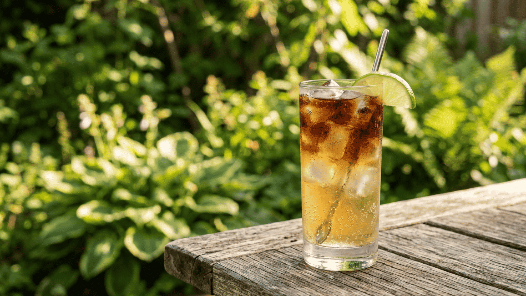 Dark ’n Stormy with lime, ice, and dark rum float in a tall glass