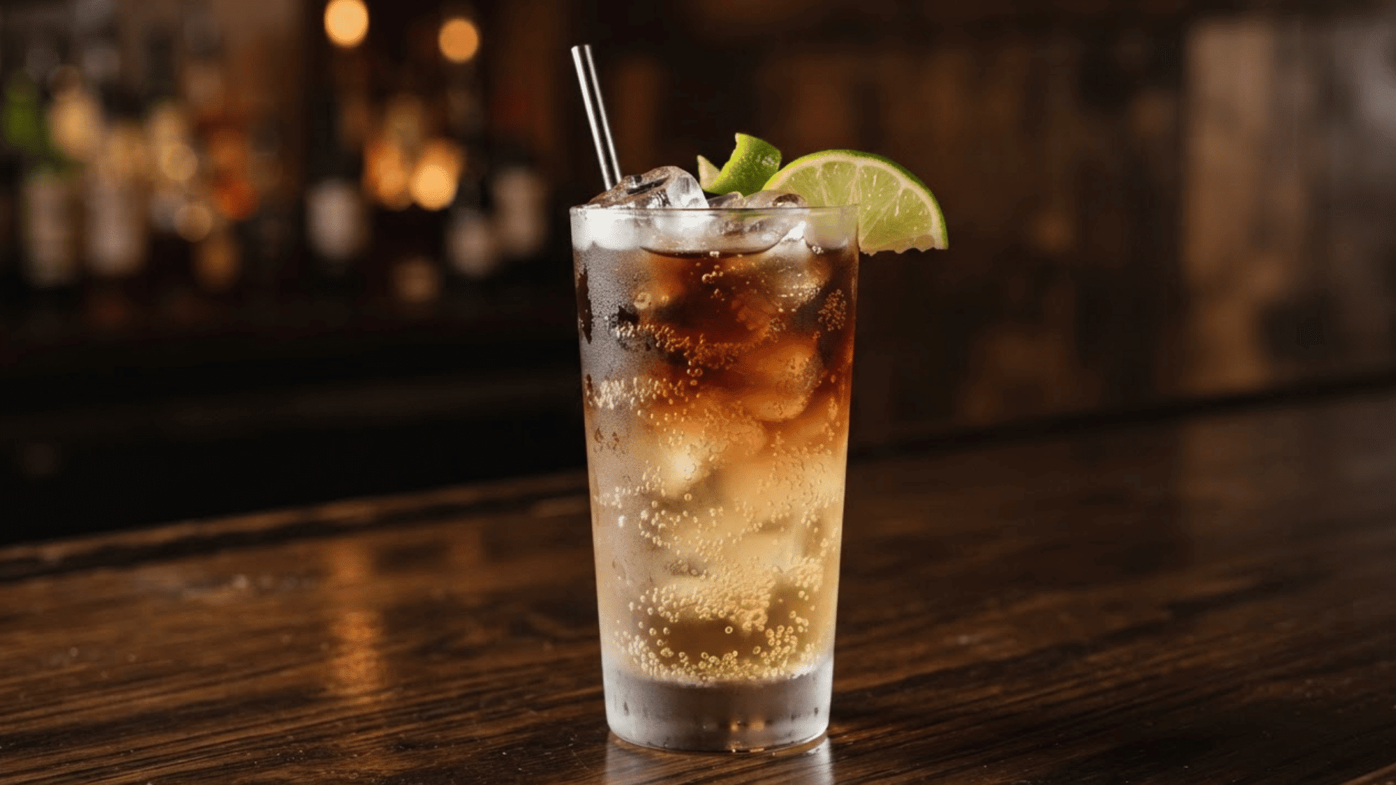 Dark ’n’ Stormy with dark rum, ginger beer, ice, fizz, and lime garnish.