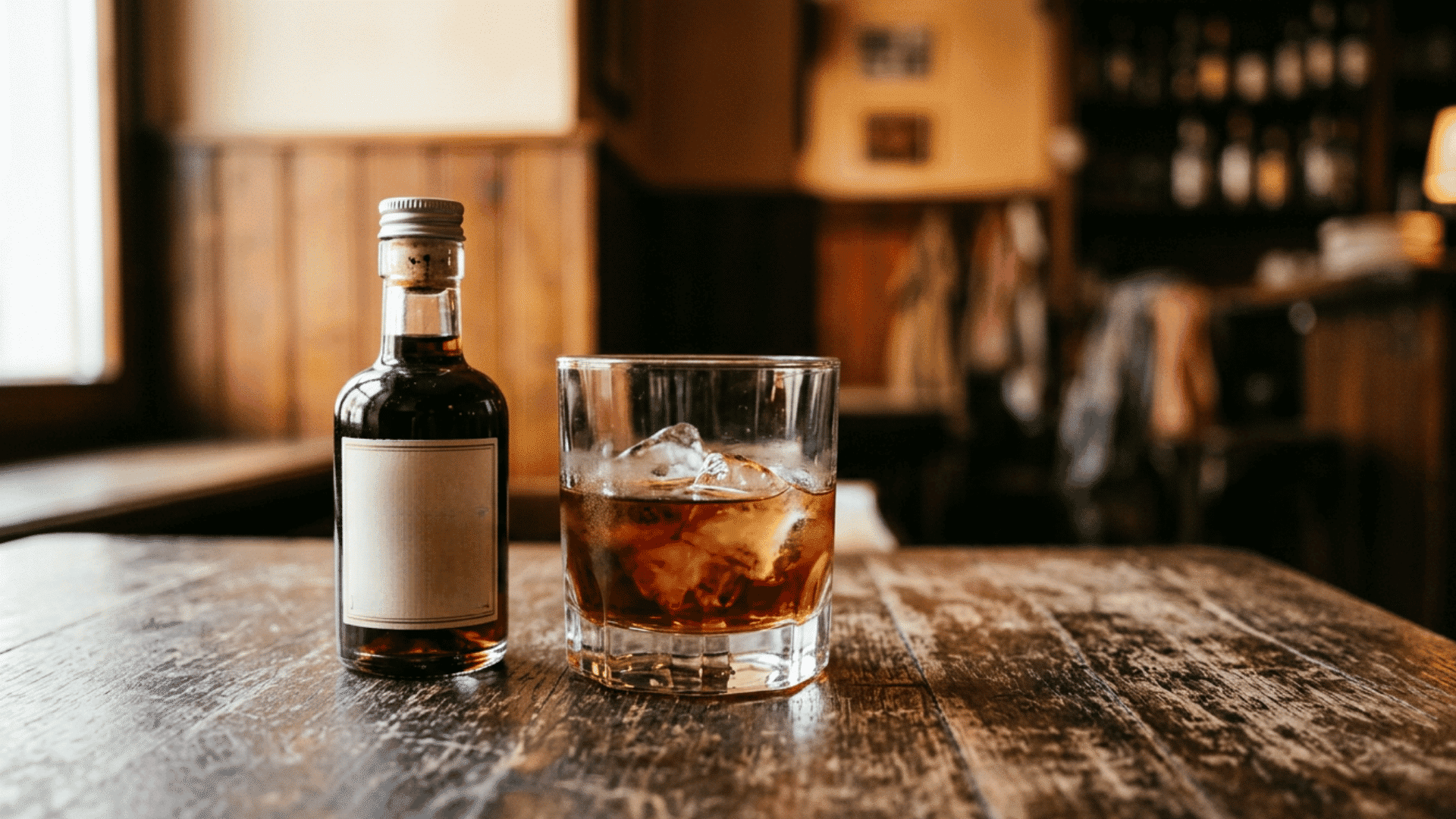Dark rum glass and herbal liqueur on weathered wood