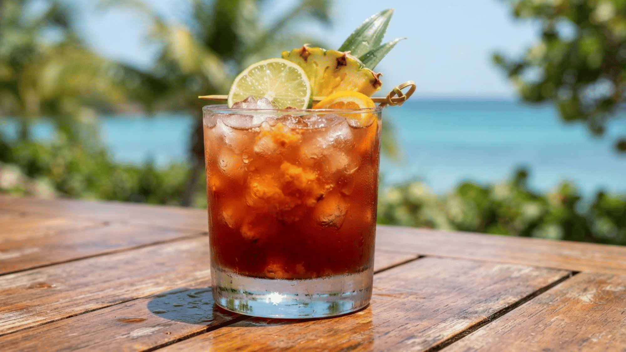 Dark Rum Punch with rich fruit color, ice, lime, pineapple, and orange.