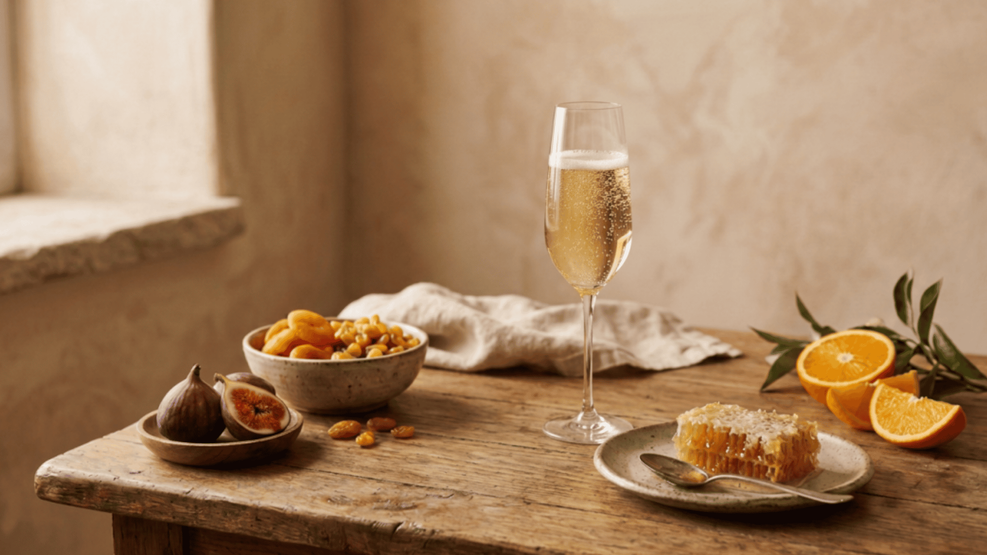 Glass of dessert wine on a wooden table with figs, honeycomb, and dried apricots