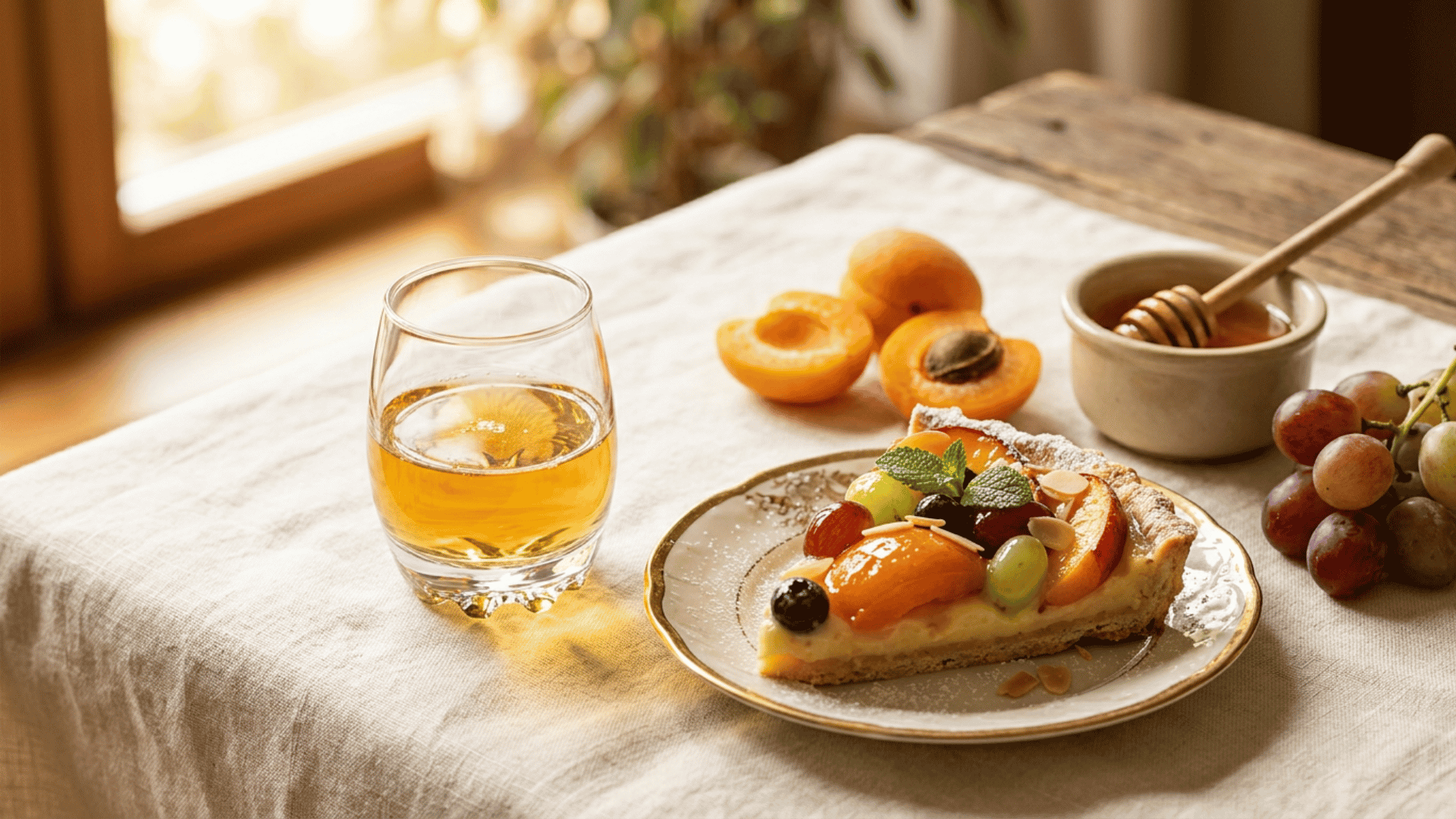 Dessert wine with fruit tart, apricots, honey, and grapes on a linen table scene