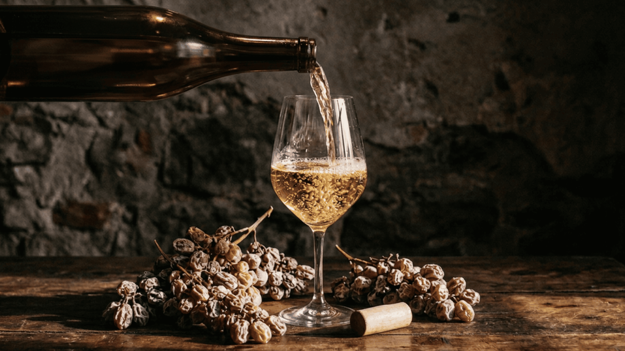 A small glass of golden dessert wine highlighting its rich, amber hue.