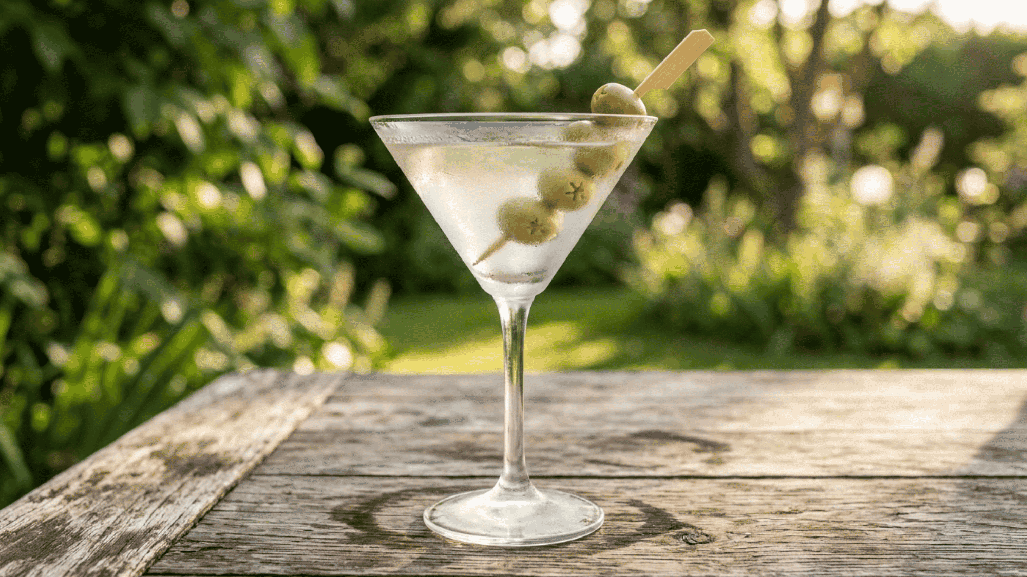 Dirty Martini with green olives in a chilled martini glass