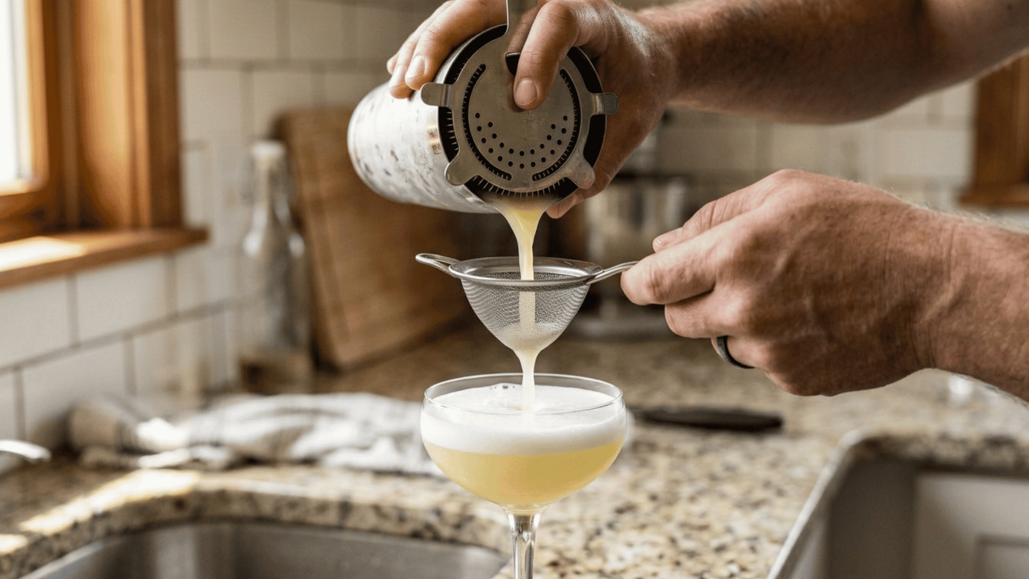 Pouring pisco sour through a double strainer into a coupe glass