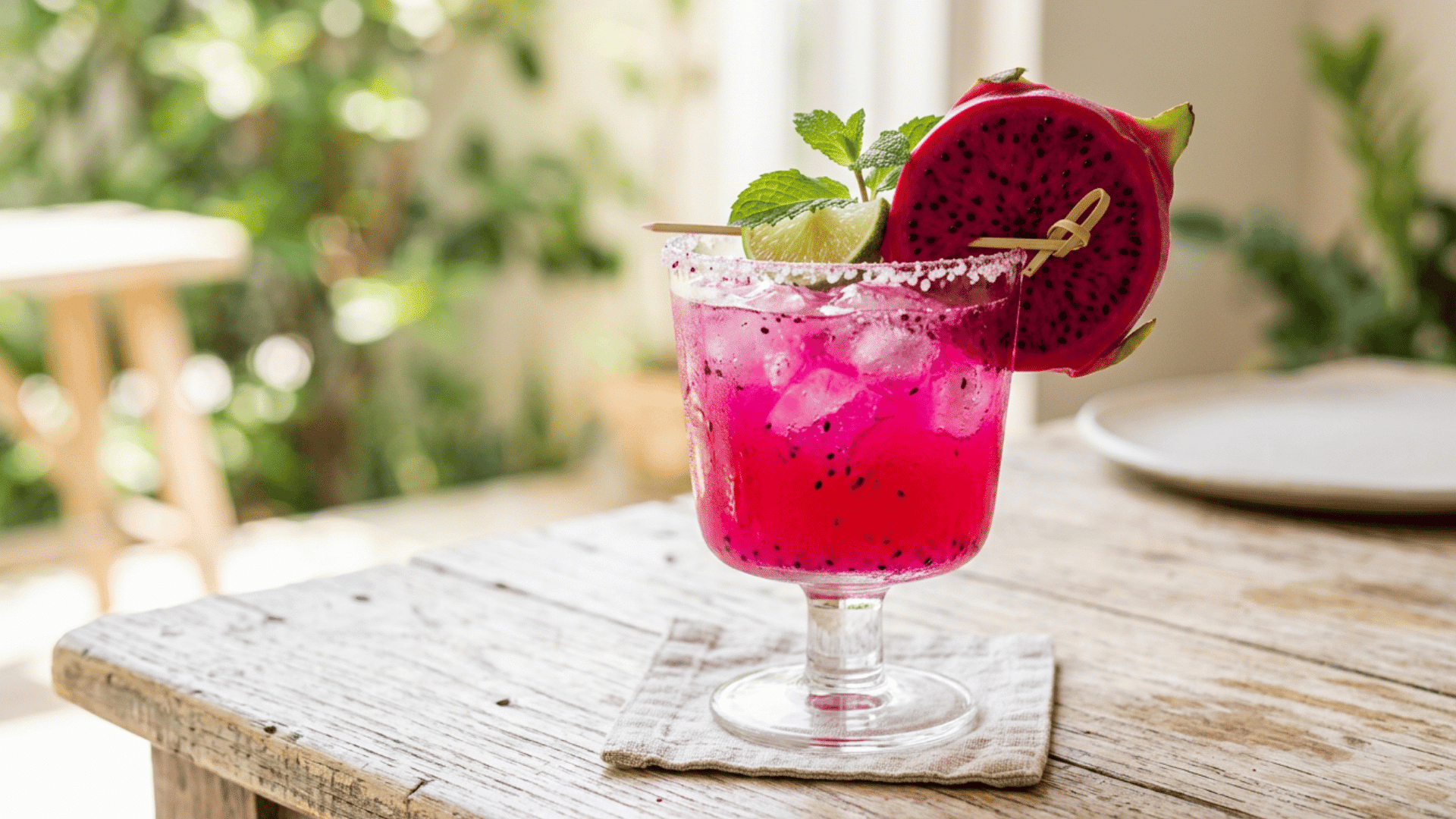 Dragon fruit margarita with bright pink color and dragon fruit slice garnish
