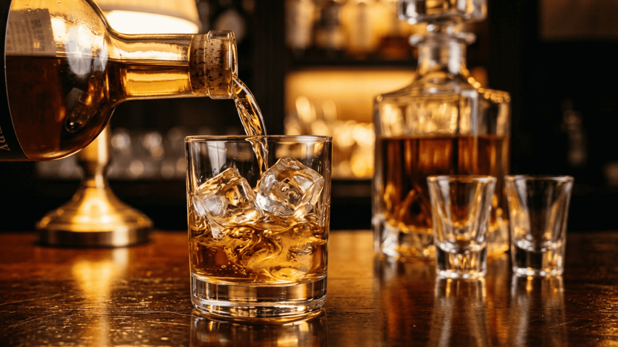 Whiskey being poured over ice in a glass with bottle and bar setting in the background