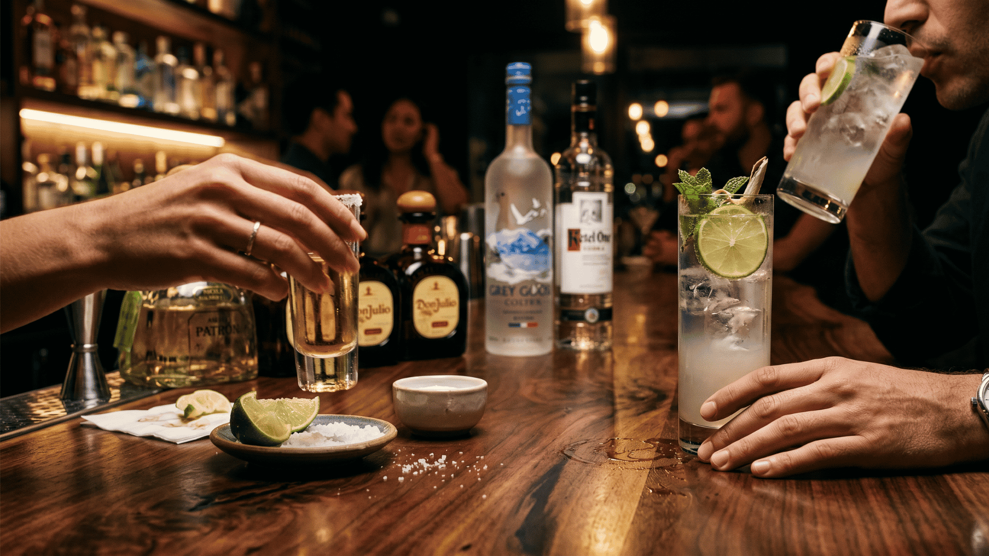 Tequila shot with salt and lime next to a vodka cocktail on a bar