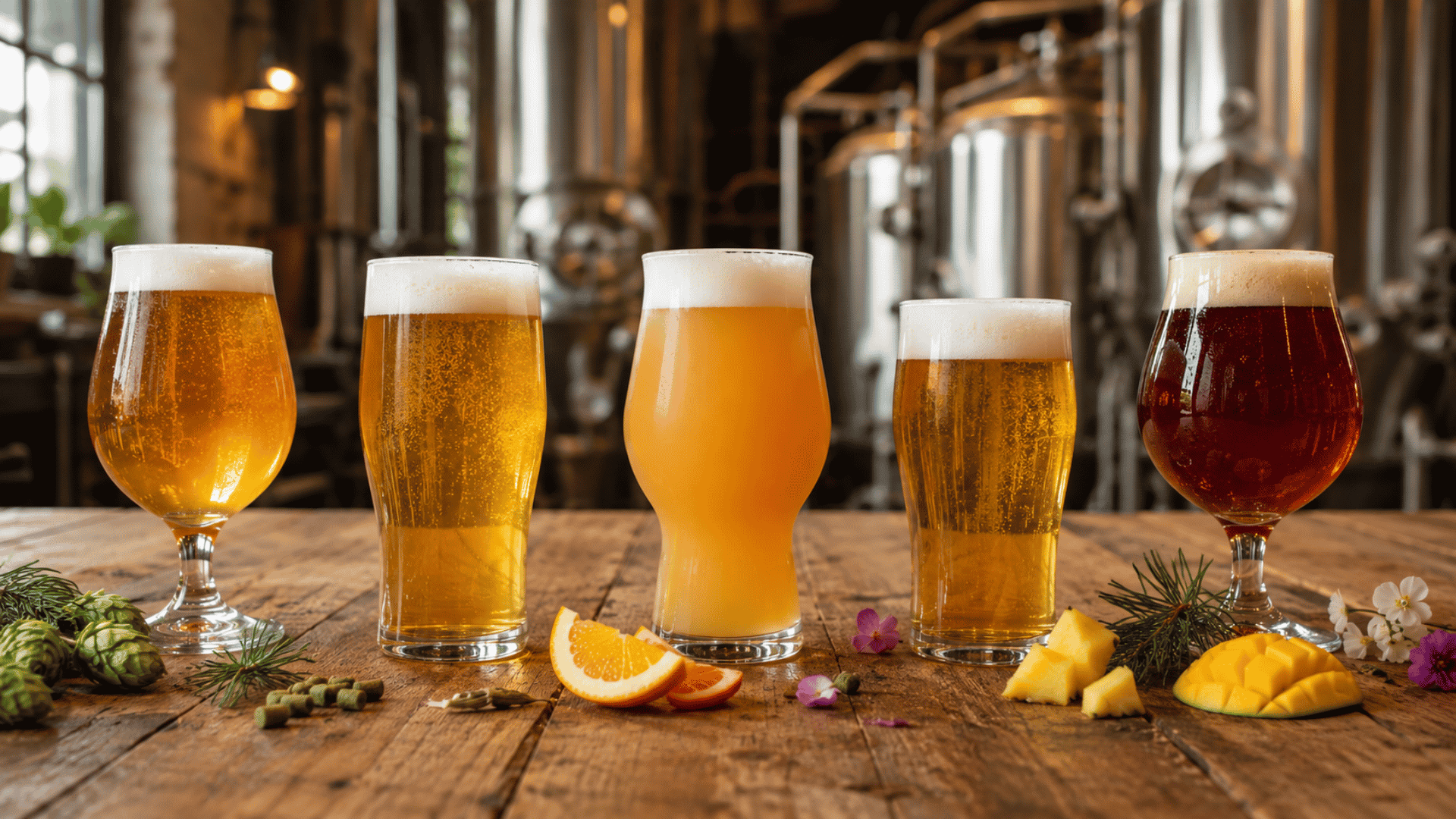 Five dry-hopped beer styles on a brewery table with hops, citrus, and fruit notes