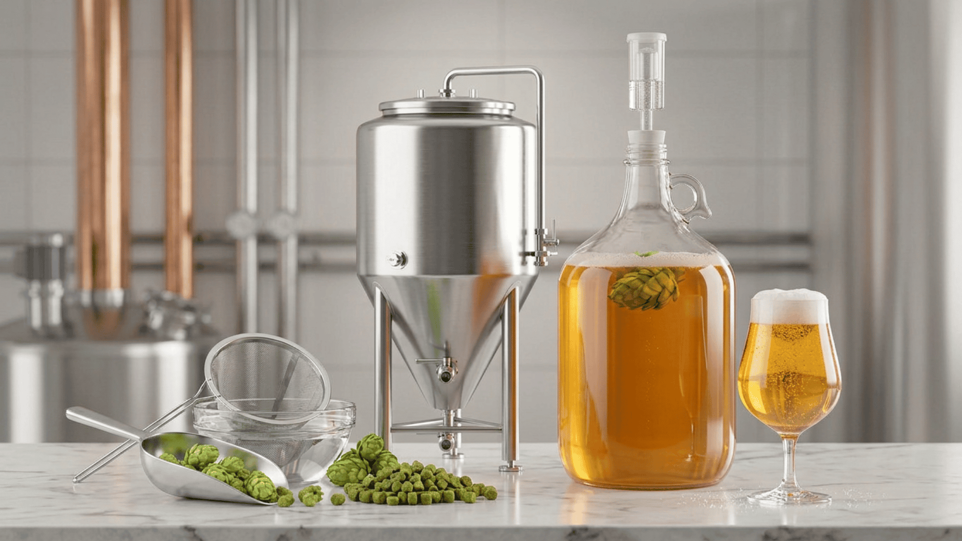 Clean brewing setup showing hops, a fermenter, and golden craft beer