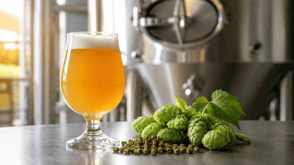 Hazy golden beer with fresh hops and hop pellets in a modern craft brewery