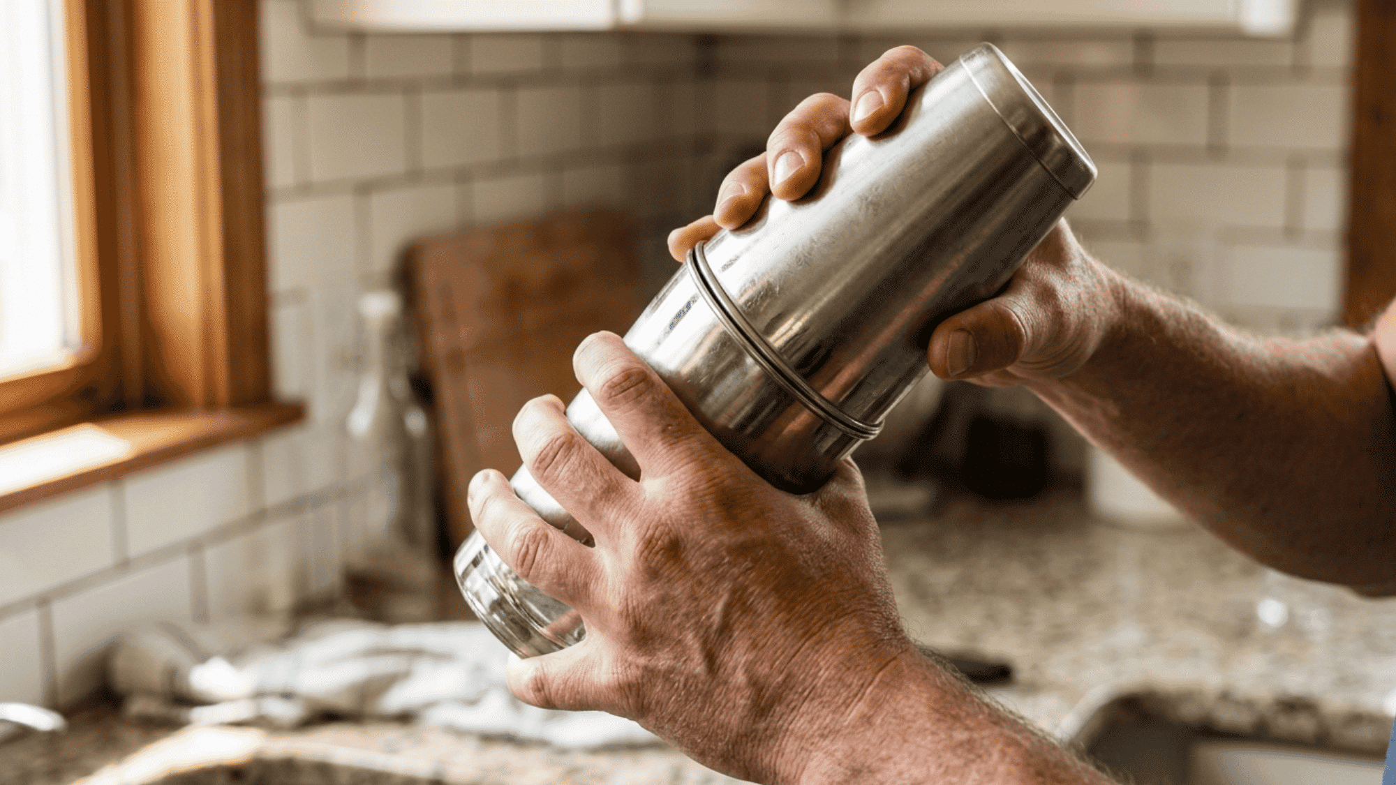 Hands shaking a stainless steel Boston shaker with no ice inside
