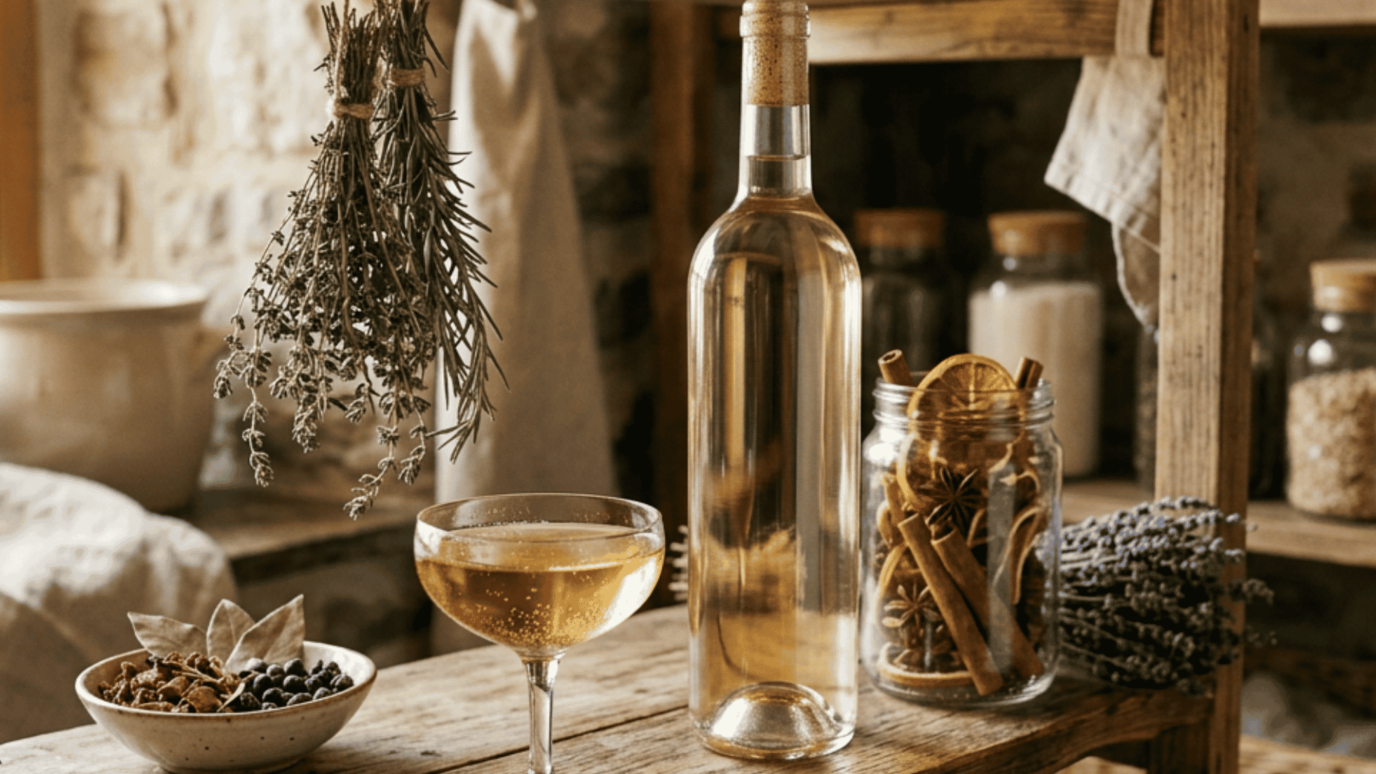 Bottle and coupe of dry vermouth with herbs, spices, and dried citrus on a rustic shelf.