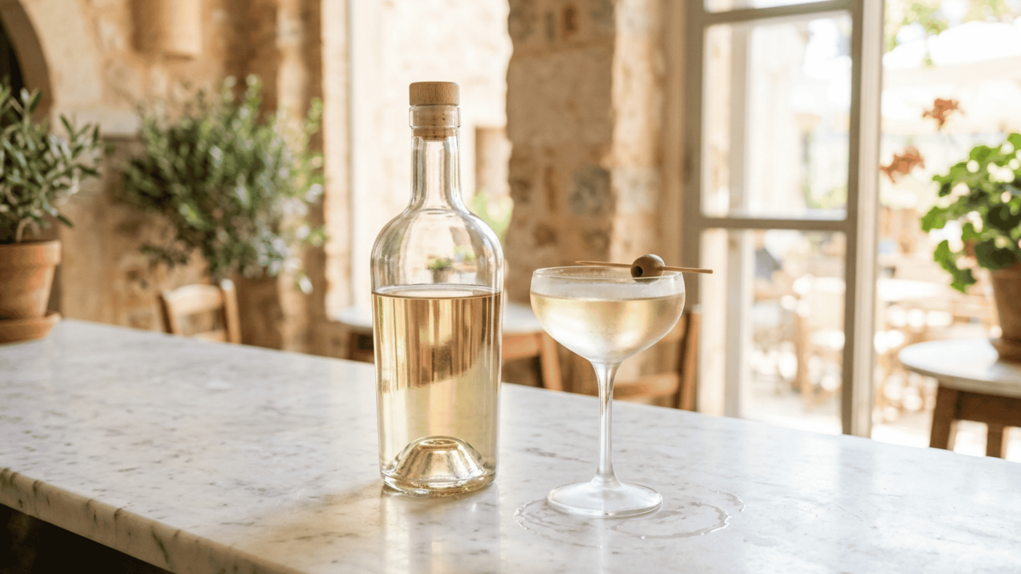 Dry vermouth bottle beside glass with garnish on rustic bar counter