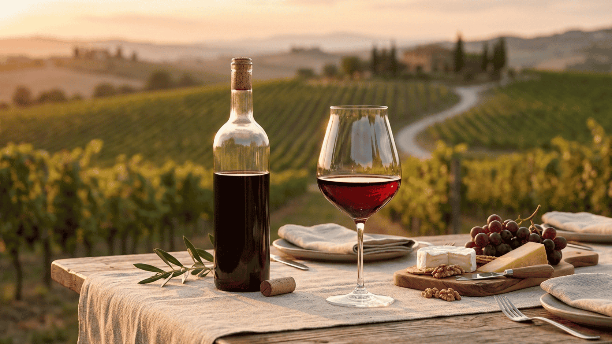 Bottle of dry wine next to wine glass on marble table in soft natural light