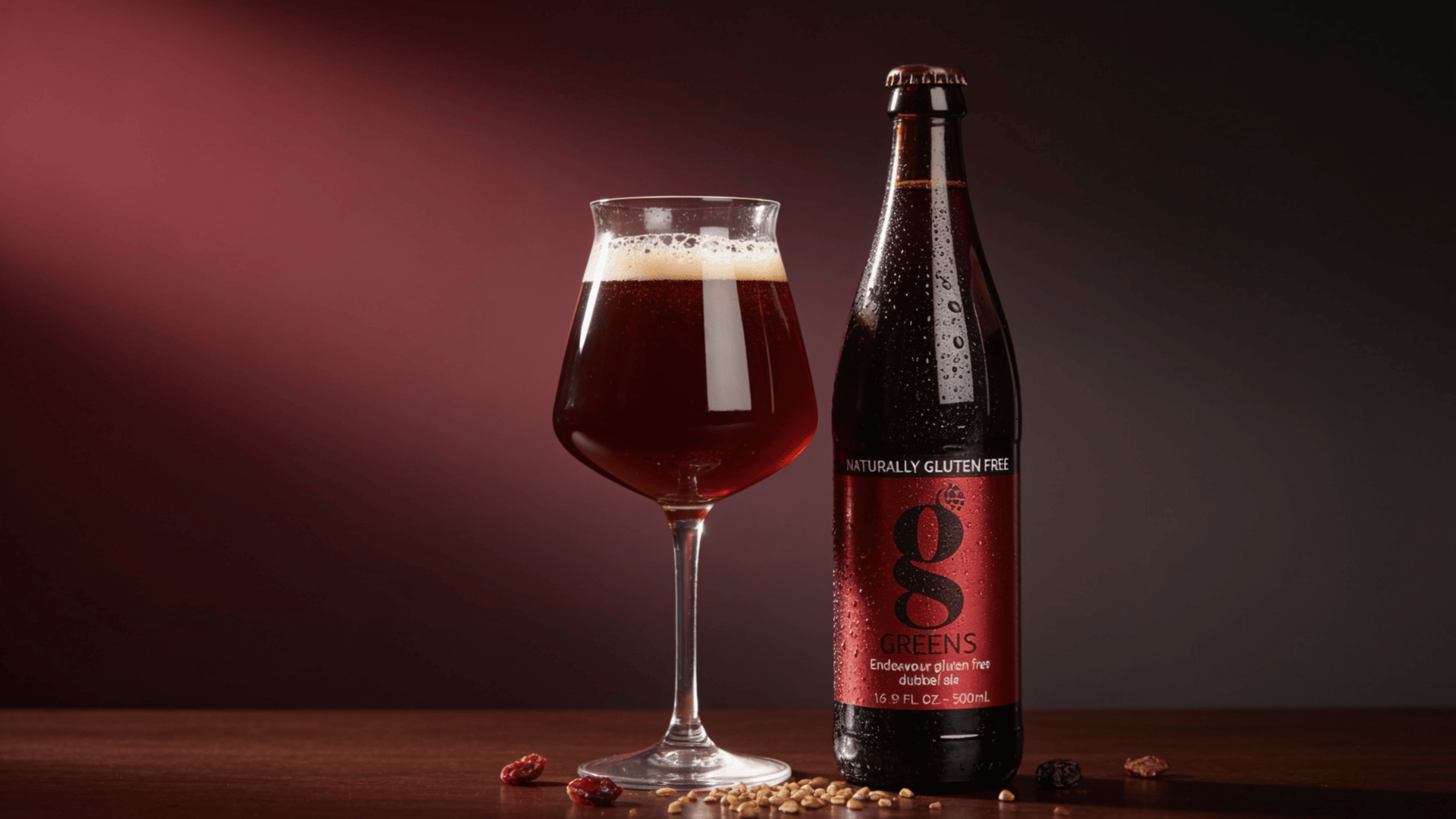 Green's Endeavour Gluten Free Dubbel Ale dark bottle beside a tulip glass of rich mahogany brown dubbel ale with dried fruit and buckwheat on a dark espresso wooden surface.
