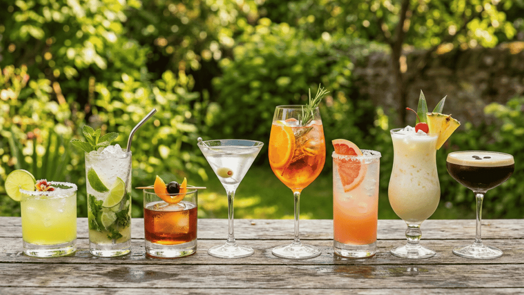 Colorful cocktails in assorted glasses on a wooden table with citrus, mint, ice, and garden background.